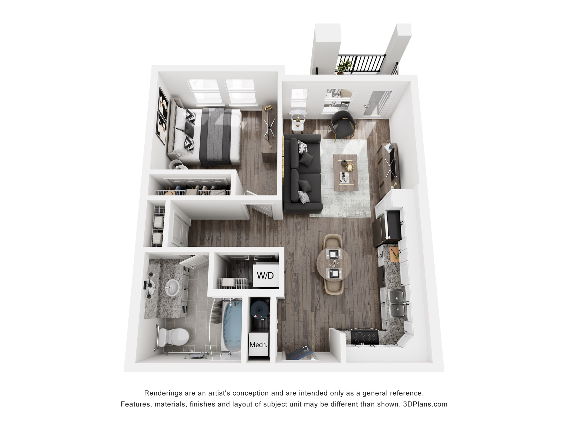 Floor plan for 1 bed, 1 bath, 664 sqft